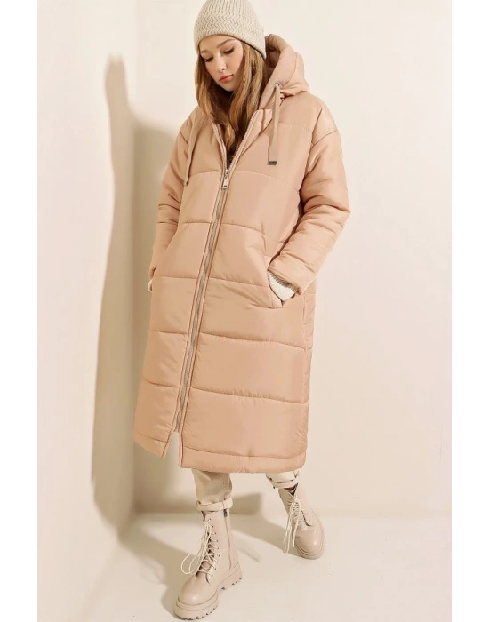 5120 Kapşonlu Uzun Şişme Mont  Vizon