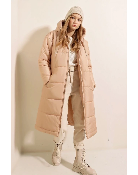 5120 Kapşonlu Uzun Şişme Mont  Vizon