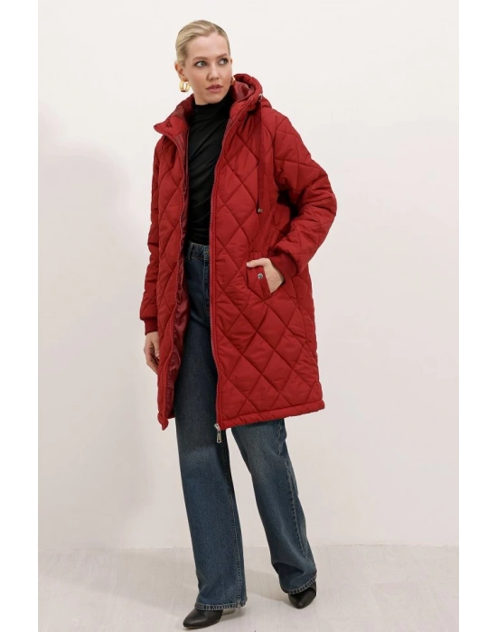 5138 Kapitone Uzun Şişme Mont  Bordo