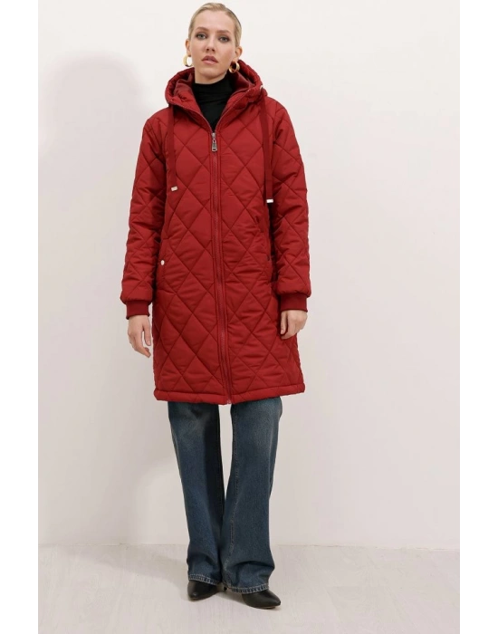 5138 Kapitone Uzun Şişme Mont  Bordo