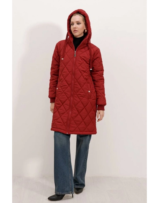 5138 Kapitone Uzun Şişme Mont  Bordo