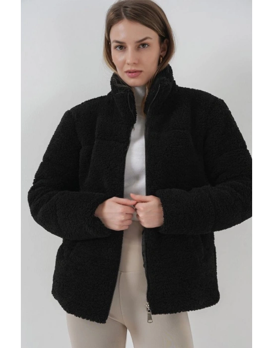 5178 Astarlı Peluş Mont  Siyah