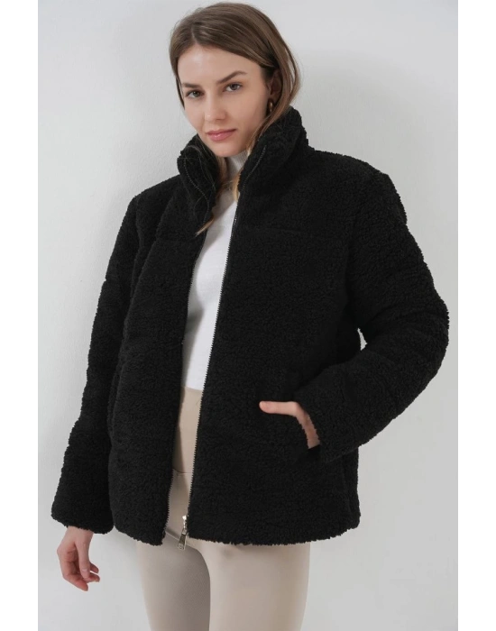 5178 Astarlı Peluş Mont  Siyah