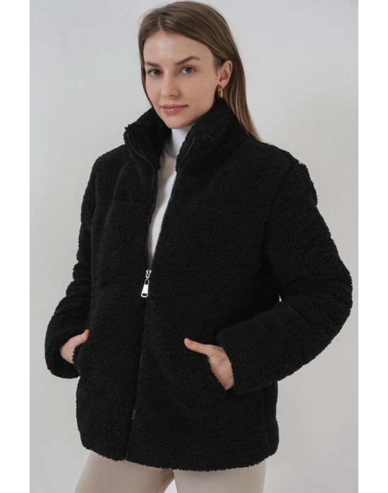 5178 Astarlı Peluş Mont  Siyah