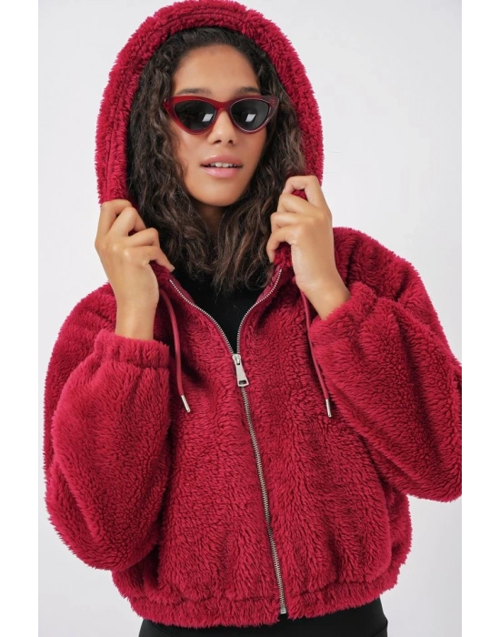 5193 Kapüşonlu Peluş Crop Ceket  Bordo