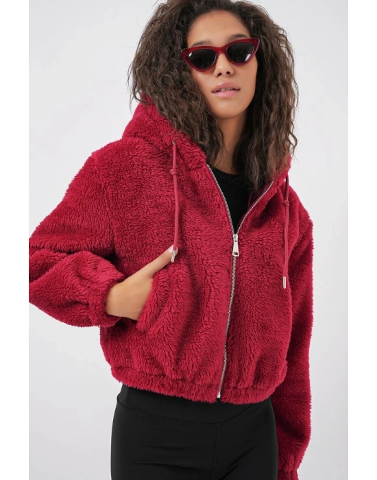 5193 Kapüşonlu Peluş Crop Ceket  Bordo