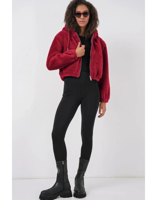 5193 Kapüşonlu Peluş Crop Ceket  Bordo