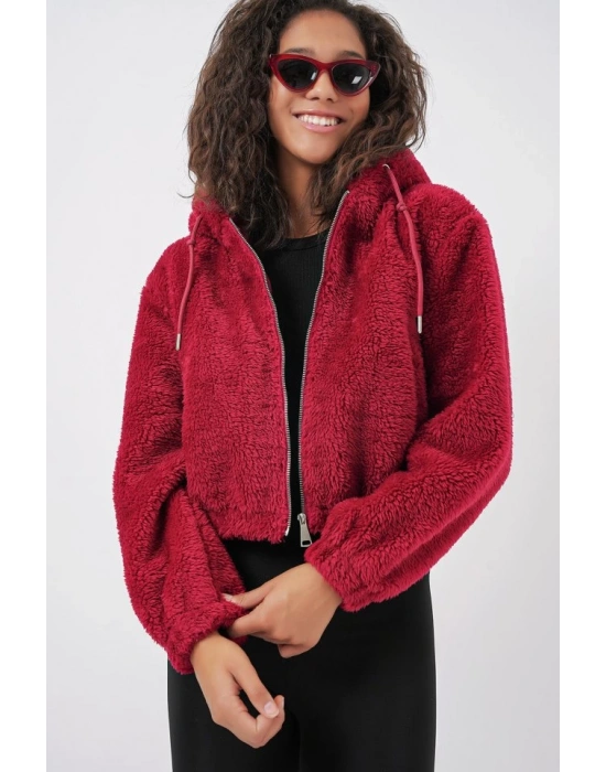 5193 Kapüşonlu Peluş Crop Ceket  Bordo