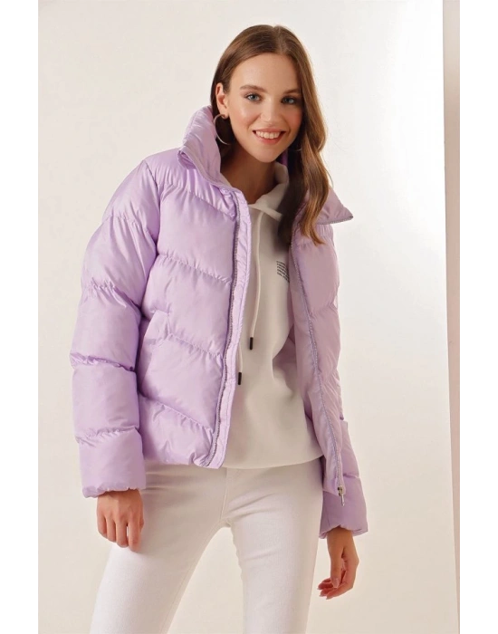 5205 Dik Yaka Fermuarlı Şişme Mont  Lila