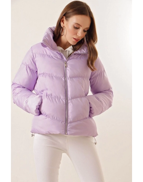 5205 Dik Yaka Fermuarlı Şişme Mont  Lila