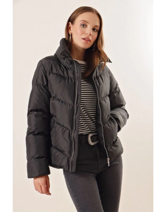 5205 Dik Yaka Fermuarlı Şişme Mont  Siyah