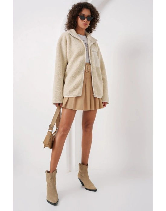 55446 Fermuarlı Oversize Peluş Ceket  Krem