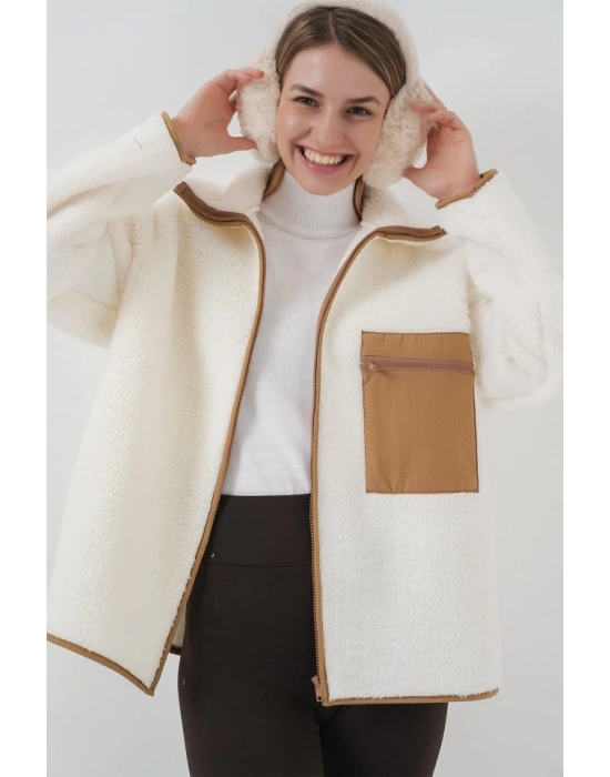 55446 Fermuarlı Oversize Peluş Ceket Mont  Camel