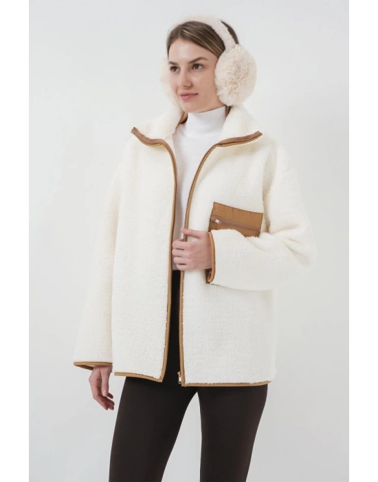 55446 Fermuarlı Oversize Peluş Ceket Mont  Camel