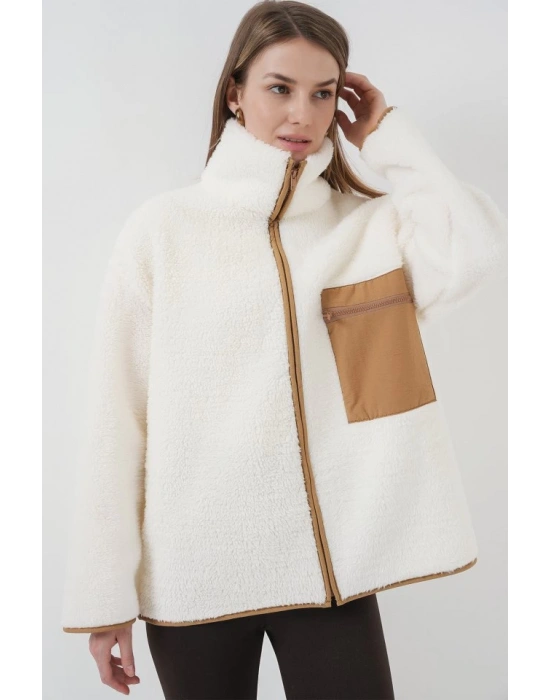 55446 Fermuarlı Oversize Peluş Ceket Mont  Camel