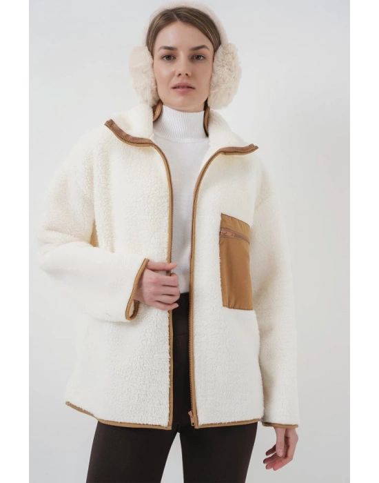 55446 Fermuarlı Oversize Peluş Ceket Mont  Camel