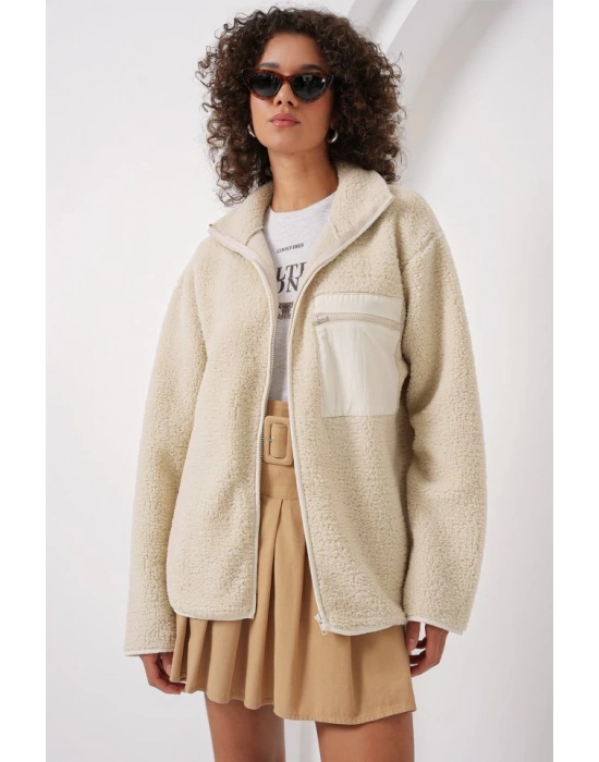 55446 Fermuarlı Oversize Peluş Ceket Mont  Krem