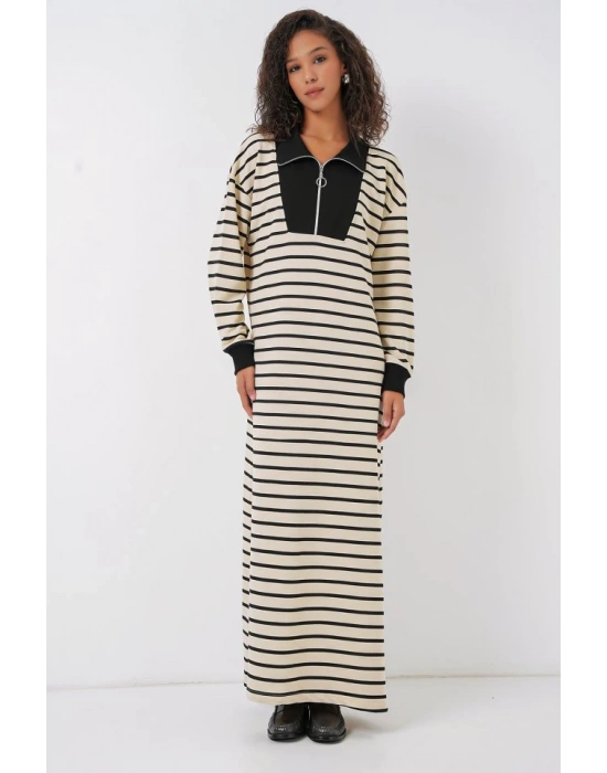 55453 Fermuar Detaylı Çizgili Uzun Elbise  Siyah