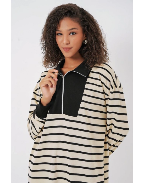 55453 Fermuar Detaylı Çizgili Uzun Elbise  Siyah