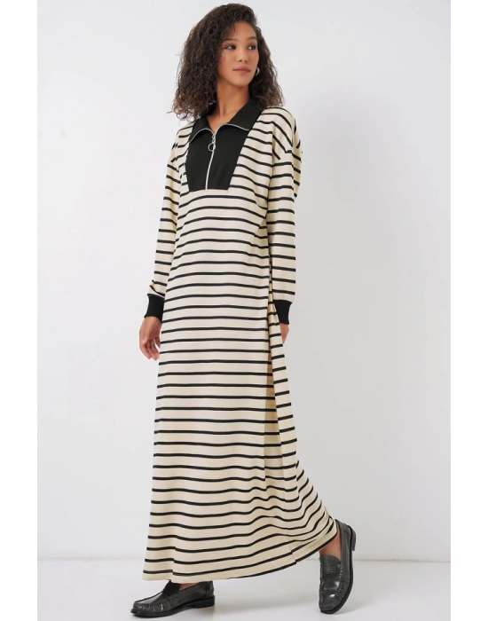 55453 Fermuar Detaylı Çizgili Uzun Elbise  Siyah