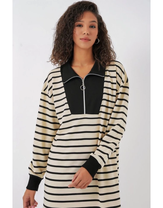 55453 Fermuar Detaylı Çizgili Uzun Elbise  Siyah