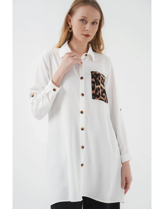 5851 Cep Detaylı Gömlek Tunik  Beyaz