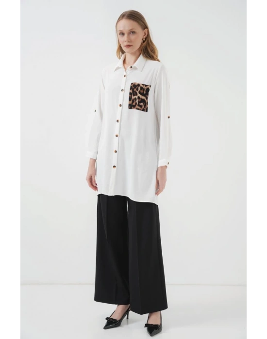 5851 Cep Detaylı Gömlek Tunik  Beyaz