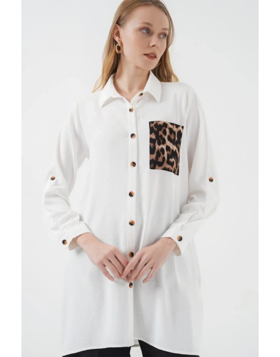 5851 Cep Detaylı Gömlek Tunik  Beyaz