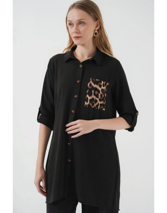 5851 Cep Detaylı Gömlek Tunik  Siyah