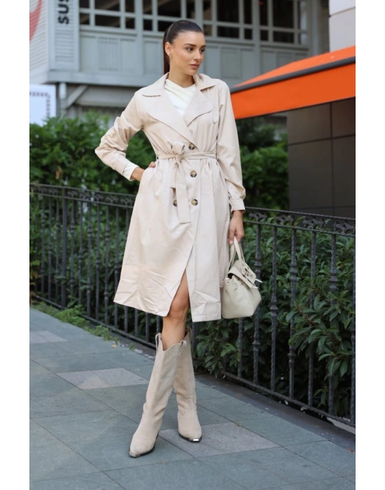 5853 Kruvaze Yaka Trençkot  Bej