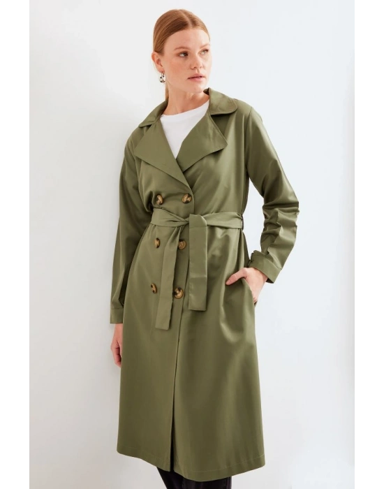 5853 Kruvaze Yaka Trençkot  Haki