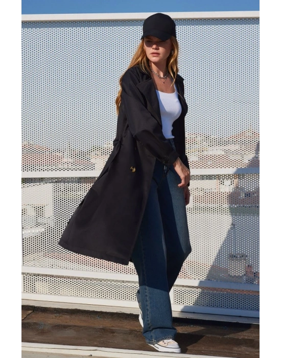 5853 Kruvaze Yaka Trençkot  Siyah