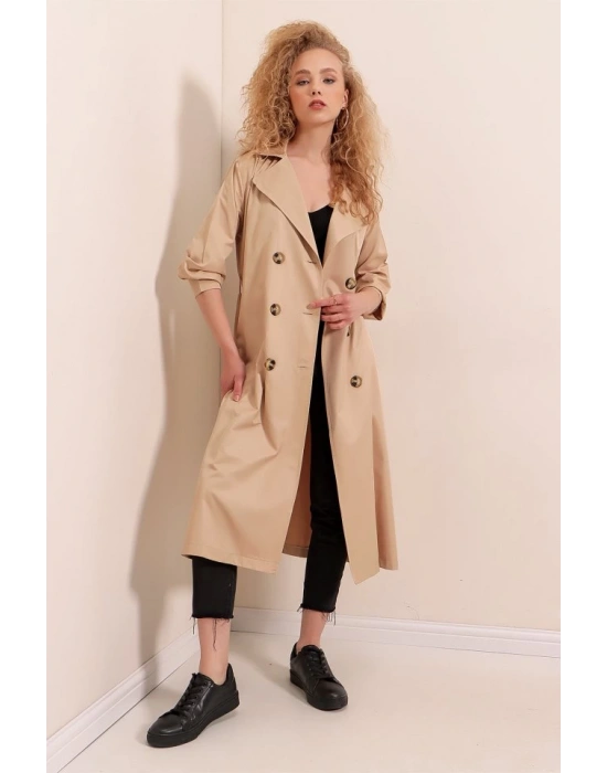 5853 Kruvaze Yaka Trençkot  Vizon