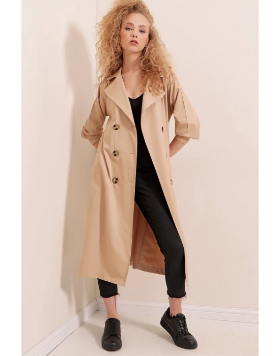 5853 Kruvaze Yaka Trençkot  Vizon