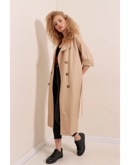 5853 Kruvaze Yaka Trençkot  Vizon