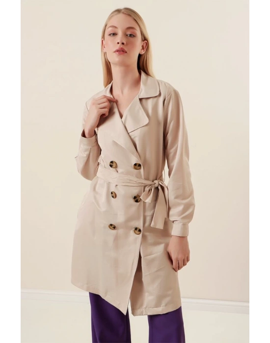 5864 Kruvaze Yaka Kısa Trençkot  Bej