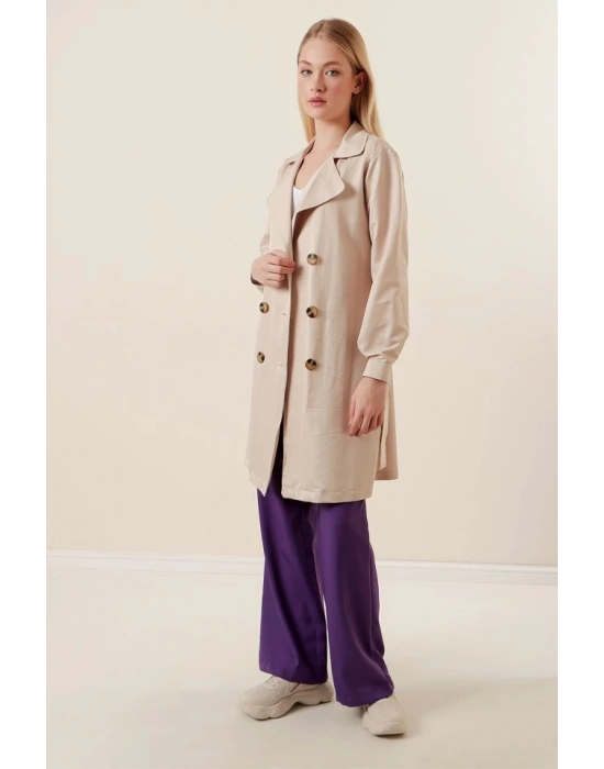 5864 Kruvaze Yaka Kısa Trençkot  Bej