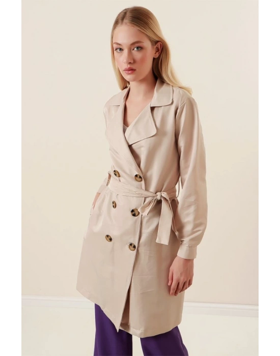 5864 Kruvaze Yaka Kısa Trençkot  Bej