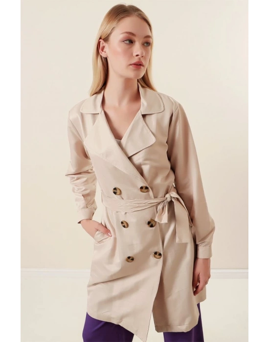 5864 Kruvaze Yaka Kısa Trençkot  Bej