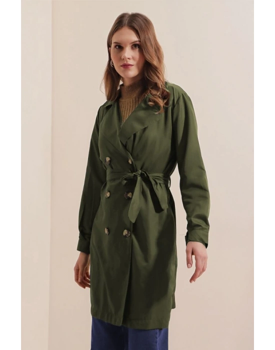 5864 Kruvaze Yaka Kısa Trençkot  Haki