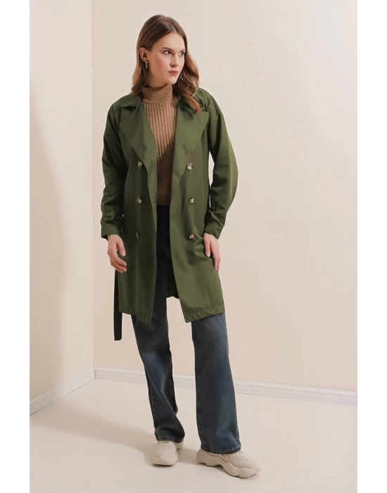 5864 Kruvaze Yaka Kısa Trençkot  Haki