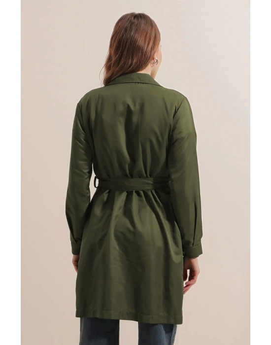 5864 Kruvaze Yaka Kısa Trençkot  Haki