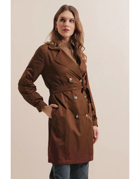 5864 Kruvaze Yaka Kısa Trençkot  Kahverengi