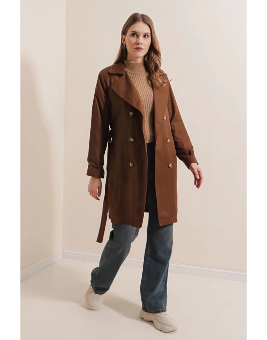 5864 Kruvaze Yaka Kısa Trençkot  Kahverengi