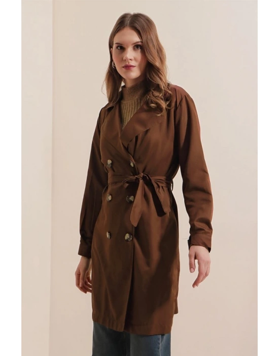 5864 Kruvaze Yaka Kısa Trençkot  Kahverengi