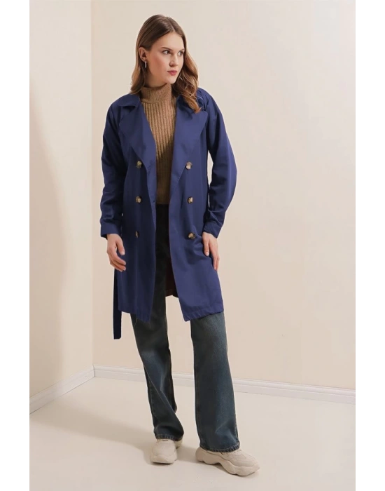 5864 Kruvaze Yaka Kısa Trençkot  Lacivert