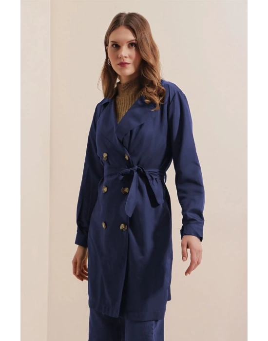 5864 Kruvaze Yaka Kısa Trençkot  Lacivert