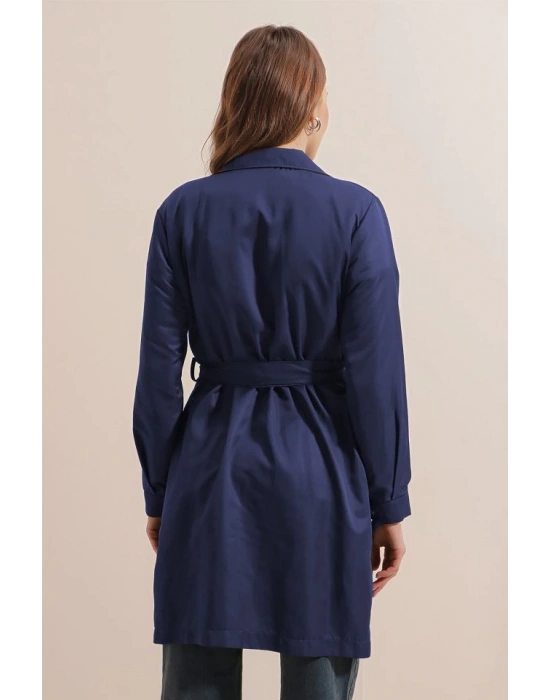 5864 Kruvaze Yaka Kısa Trençkot  Lacivert