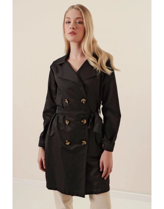 5864 Kruvaze Yaka Kısa Trençkot  Siyah