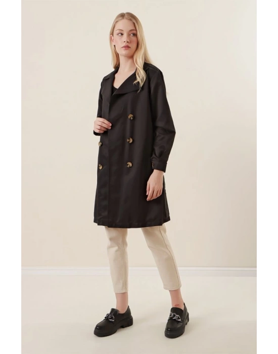 5864 Kruvaze Yaka Kısa Trençkot  Siyah